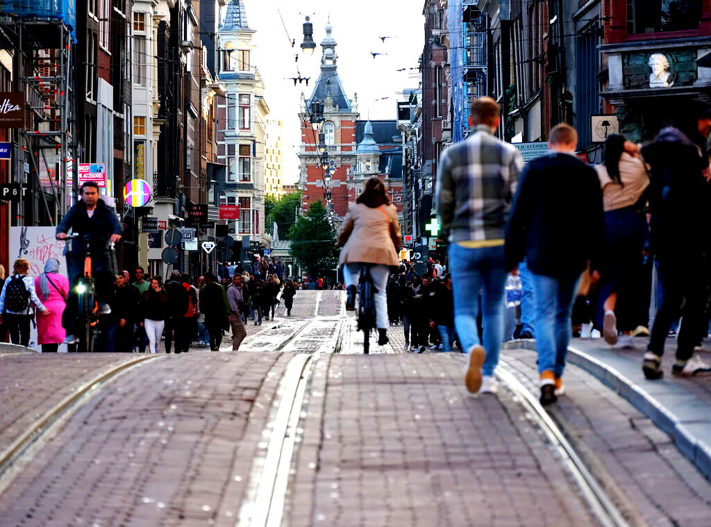A lively street in Amsterdam, Netherlands