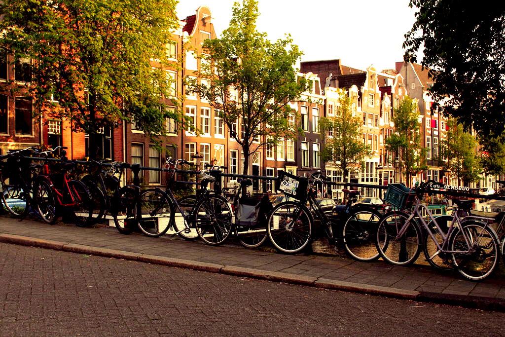 Rows of bicycles near the canal-side railing in Amsterdam